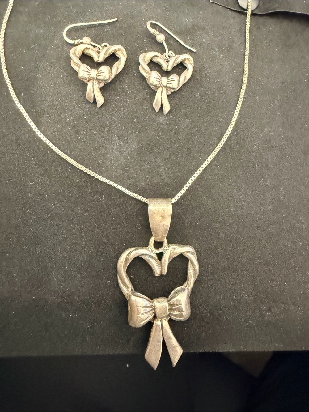 Heart Bow Pendant Necklace and Matching Earrings Sterling - Silver